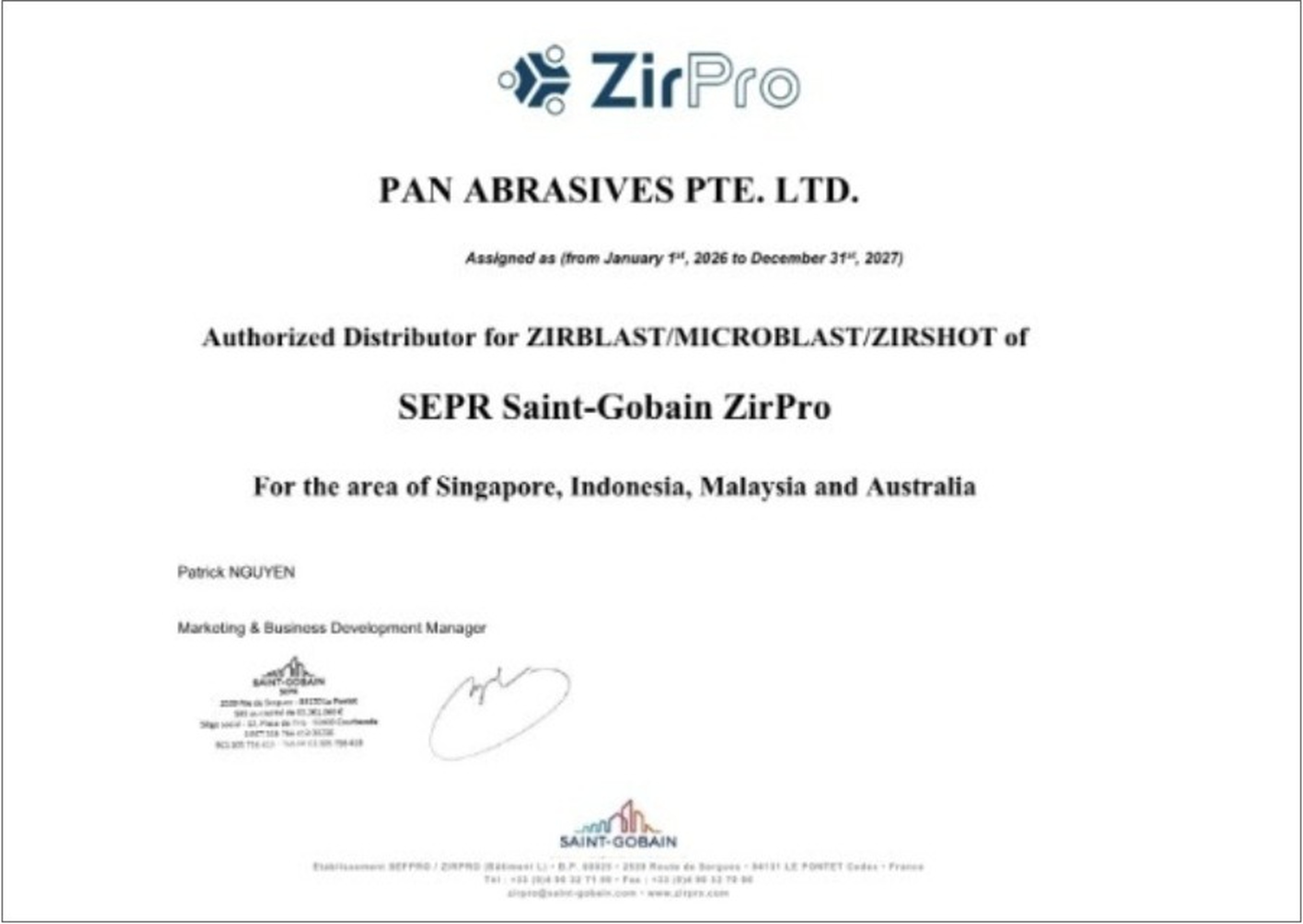 Pan Abrasives authorized distributor certificate for SEPR Saint-Gobain ZirPro