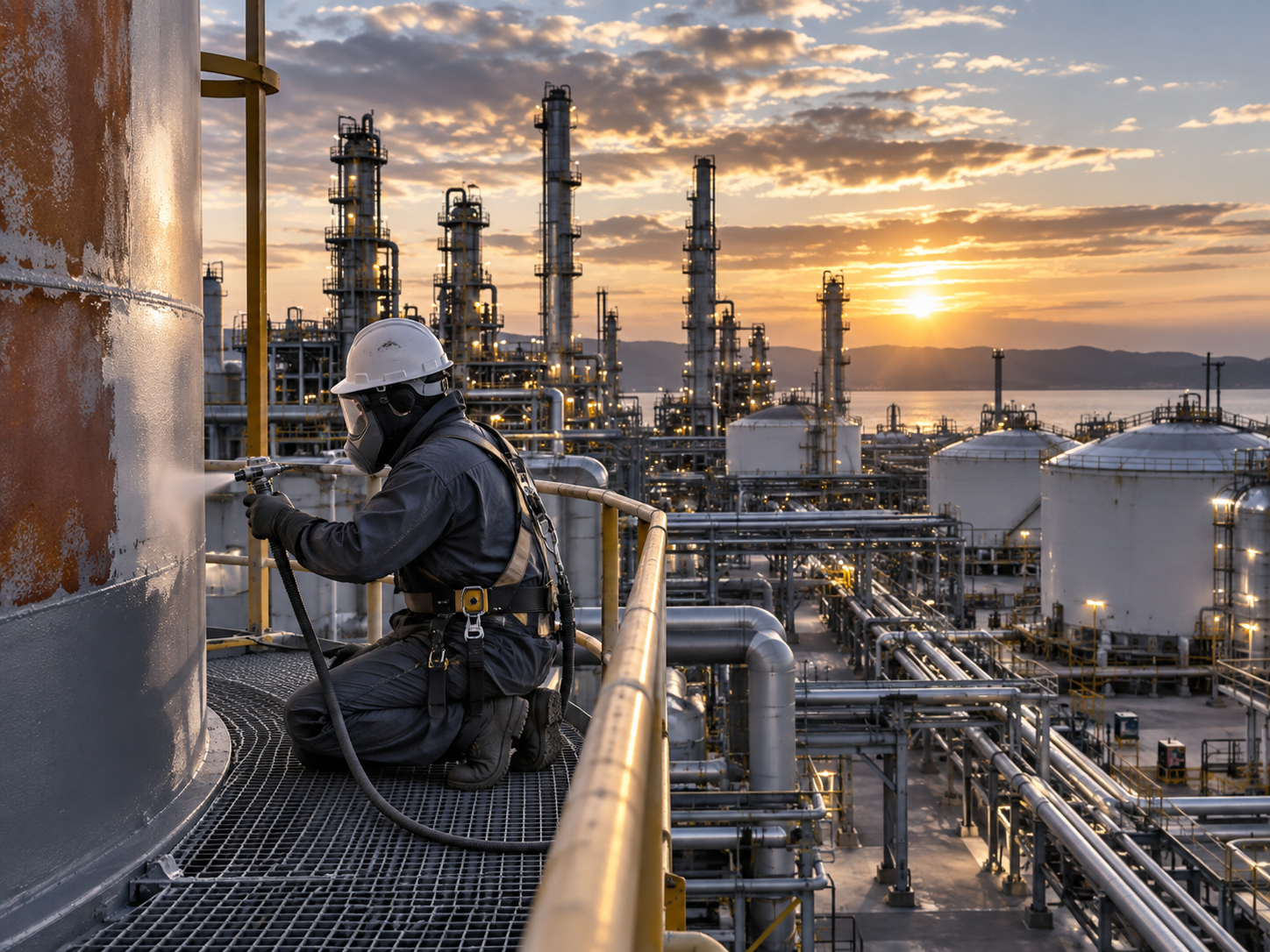 Worker maintaining or surface-preparing corrosion-critical equipment at a large oil and gas refinery