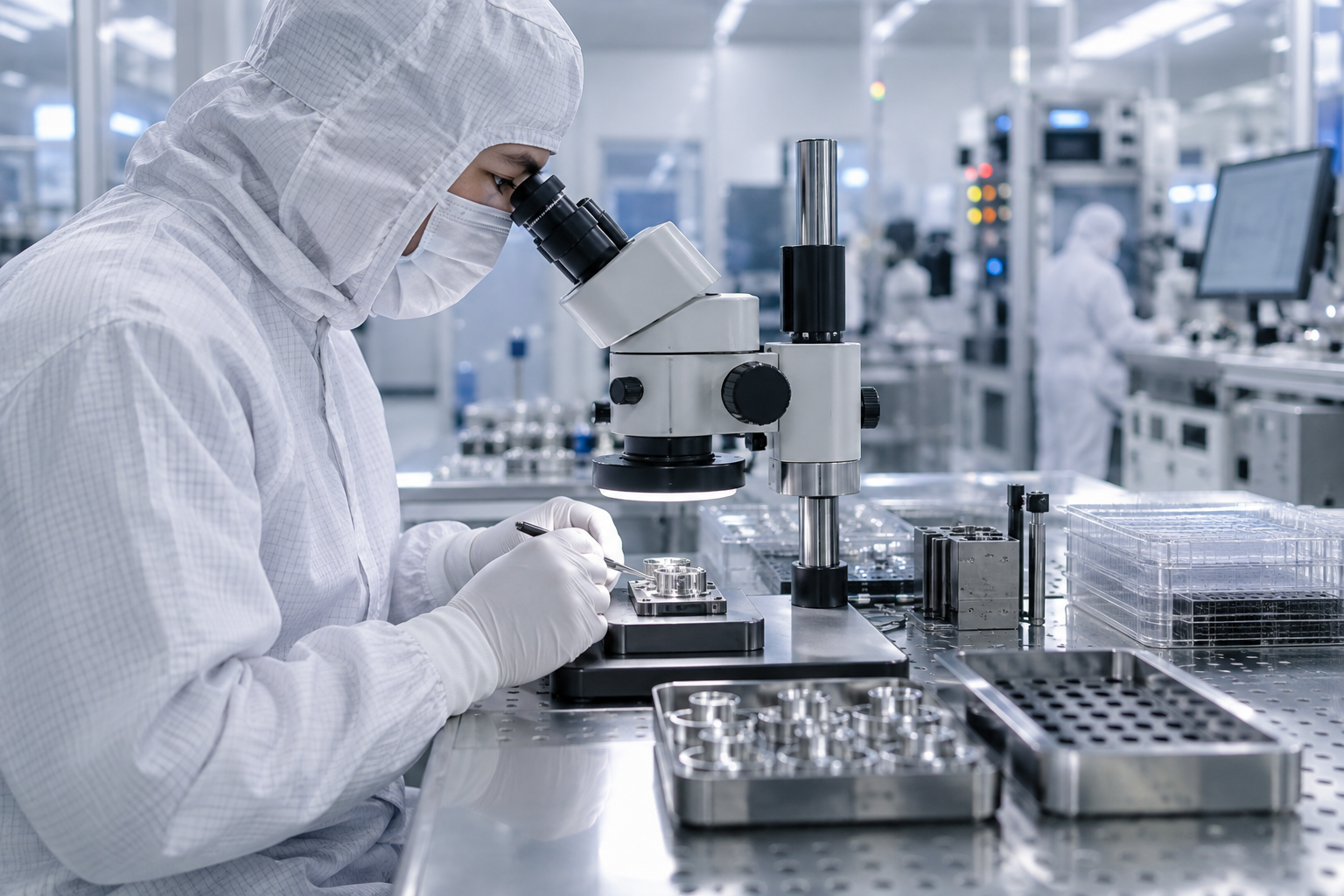 Cleanroom technician inspecting precision micro-machined parts under a stereo microscope