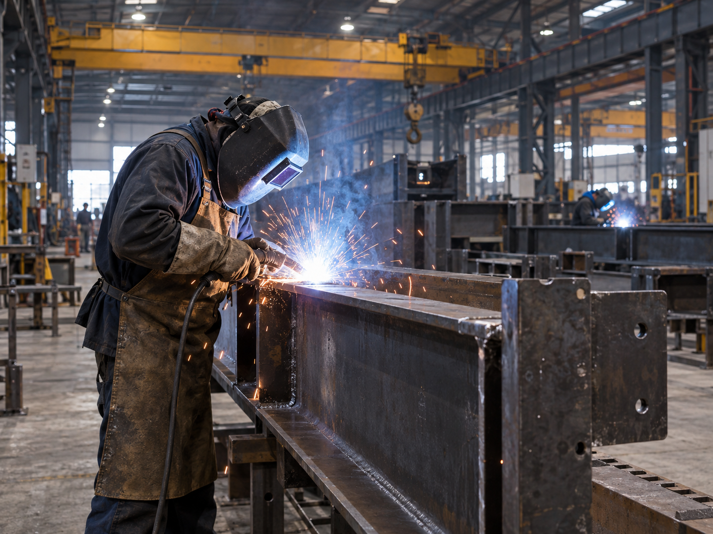 Heavy structural steel fabrication workshop with blasting and surface-preparation activity