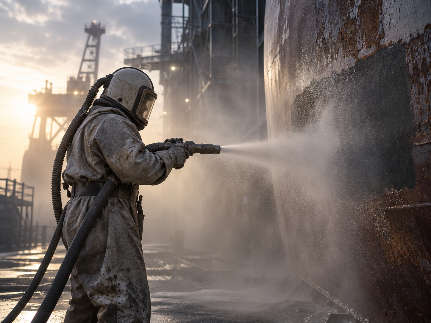 Abrasive blasting operator cleaning a large steel surface in an industrial environment