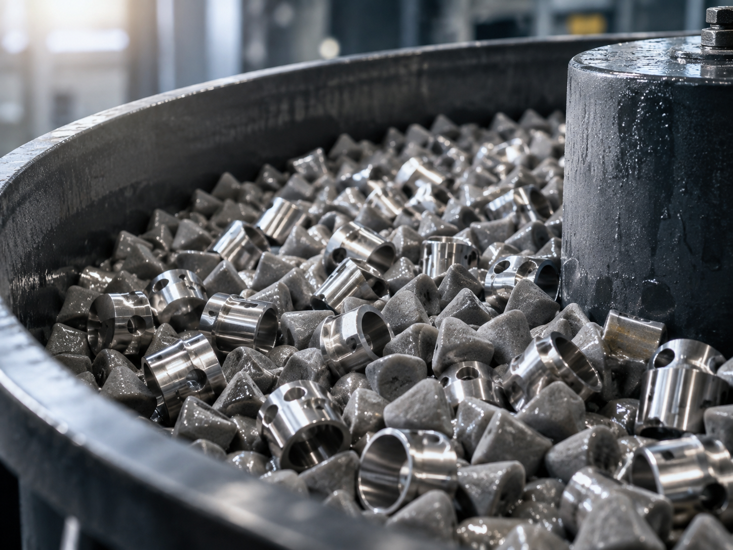 Vibratory mass-finishing bowl containing machined metal components and finishing media