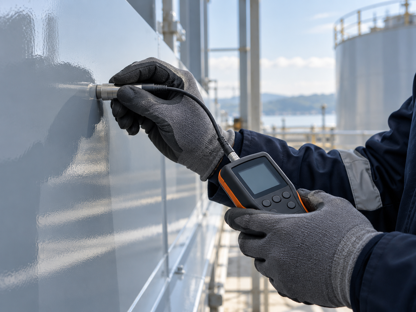 Technician measuring coating thickness on a coated industrial metal surface with a portable gauge