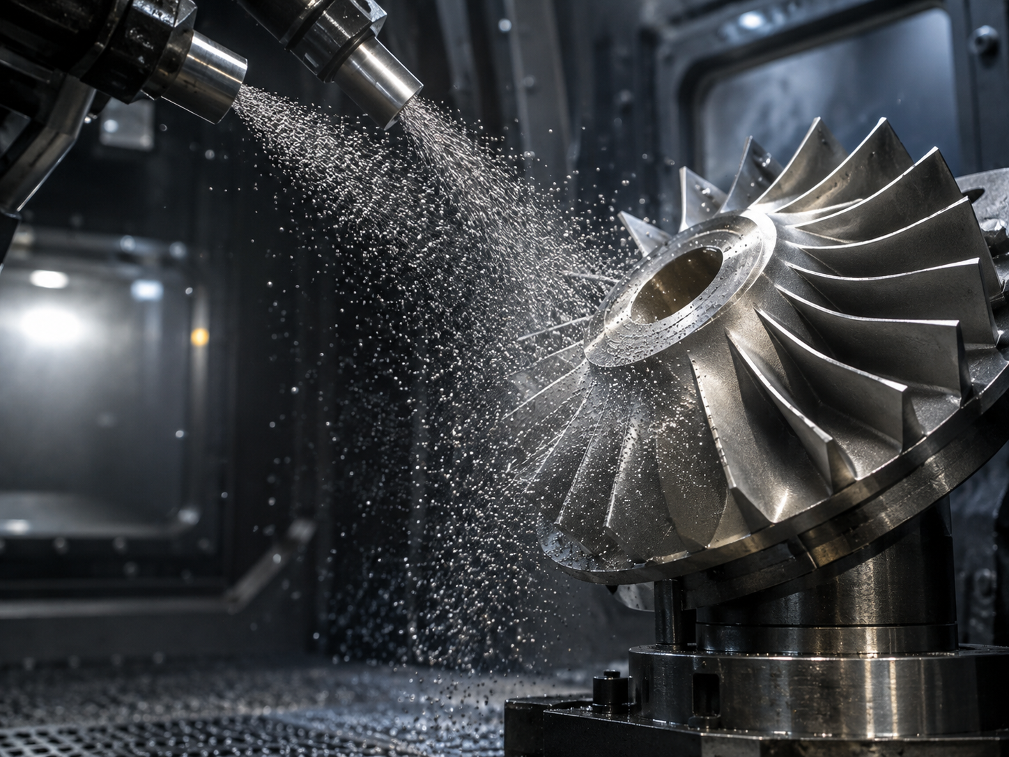 Controlled shot peening process treating a precision metal component