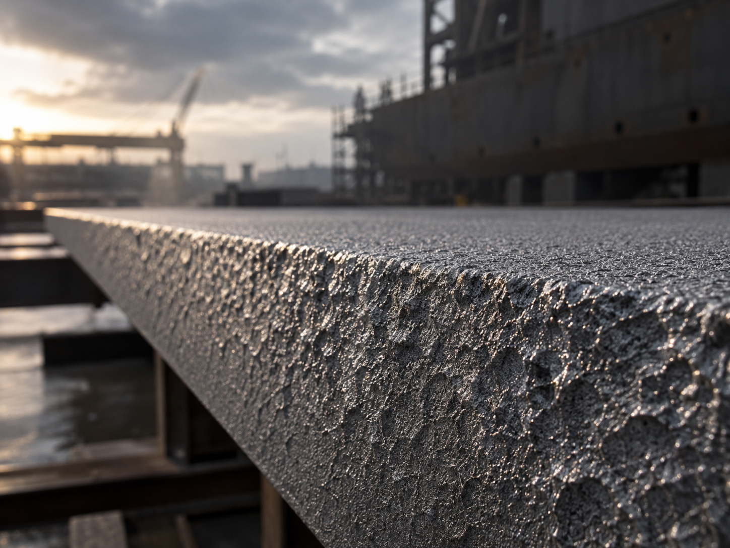 Close-up of a freshly abrasive-blasted steel surface showing a controlled anchor profile