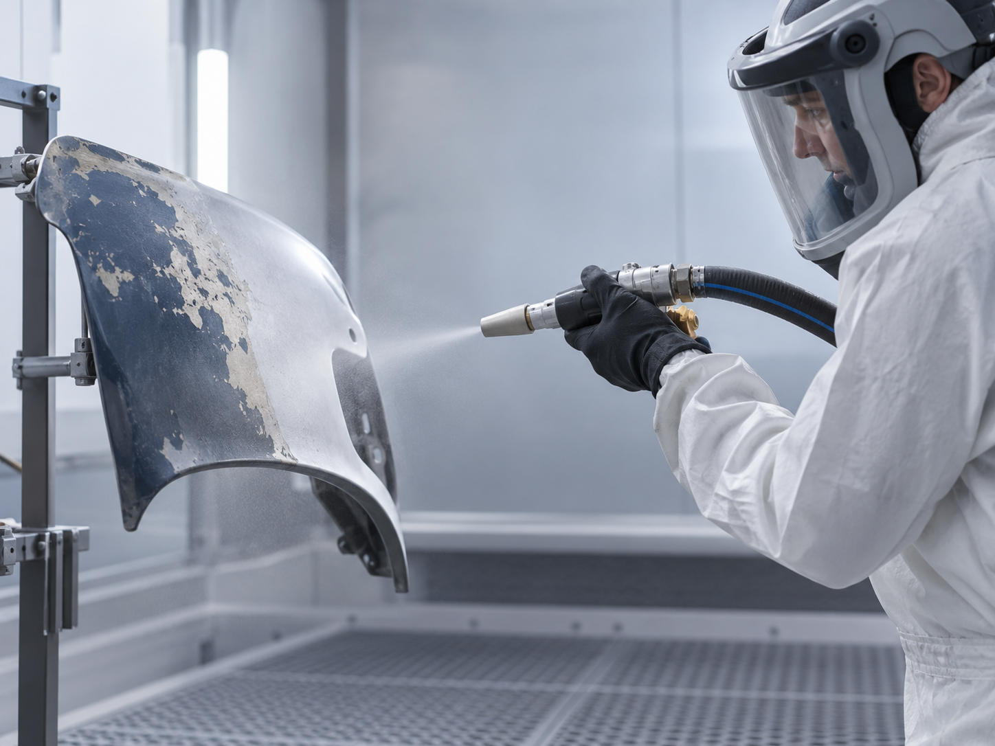 Operator performing controlled low-impact coating removal on a delicate painted panel